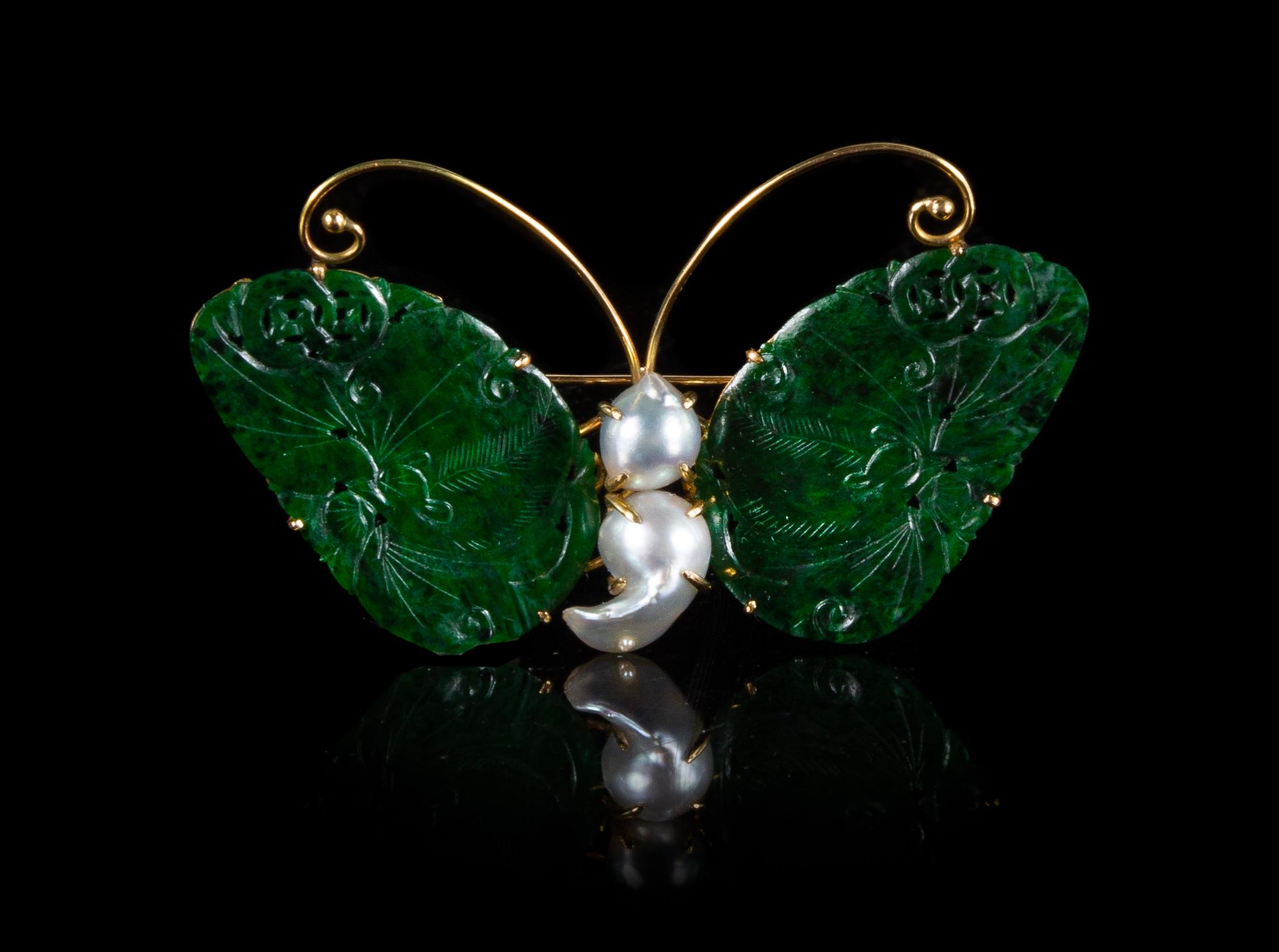 A Spinach Green Jade and Pearl Inset 14K Yellow Gold Mounted Butterfy-Form Brooch Length 2 3/4 inches.