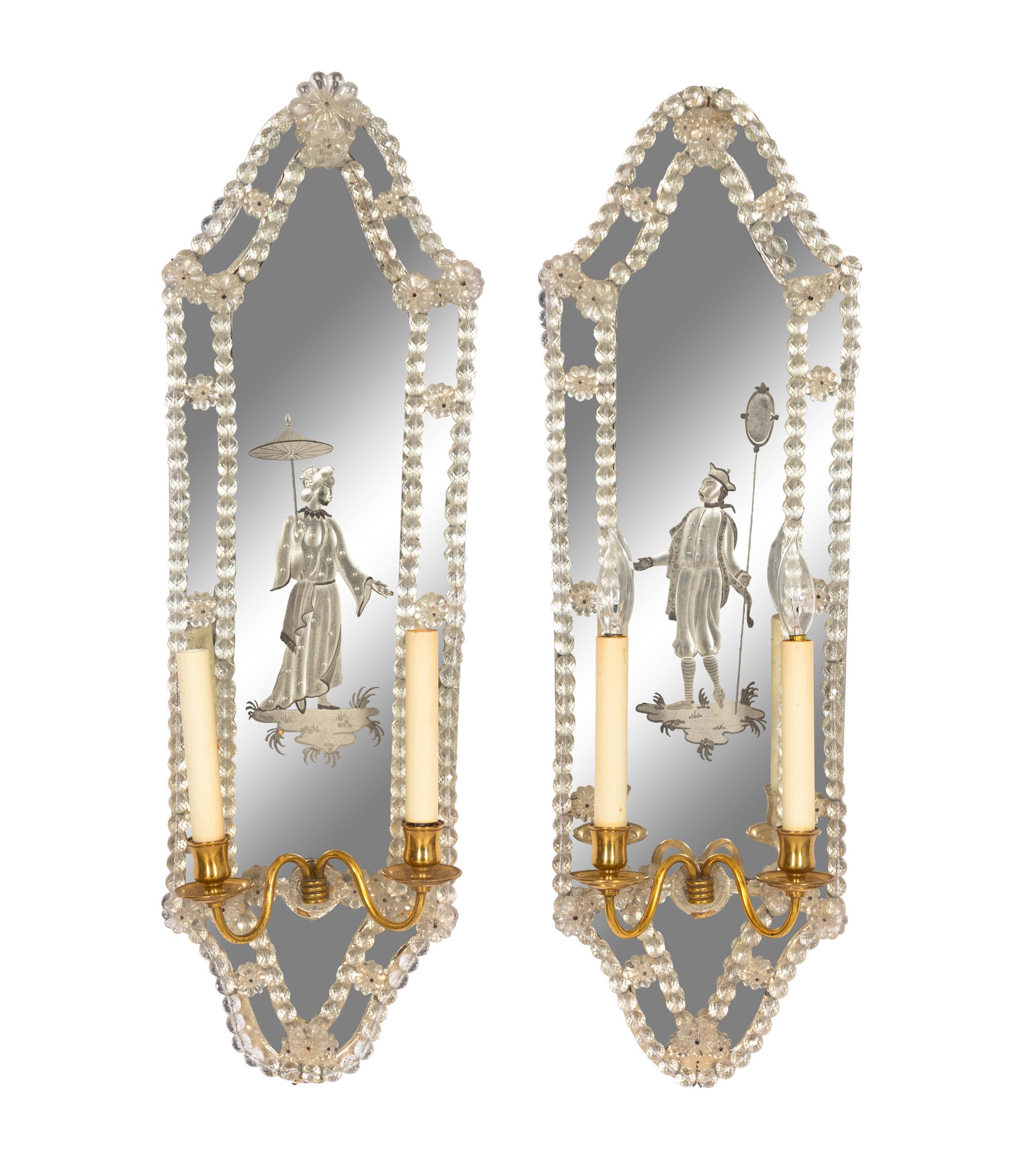 A Pair of Venetian Style Etched Glass Two-Light Girandole Mirrors