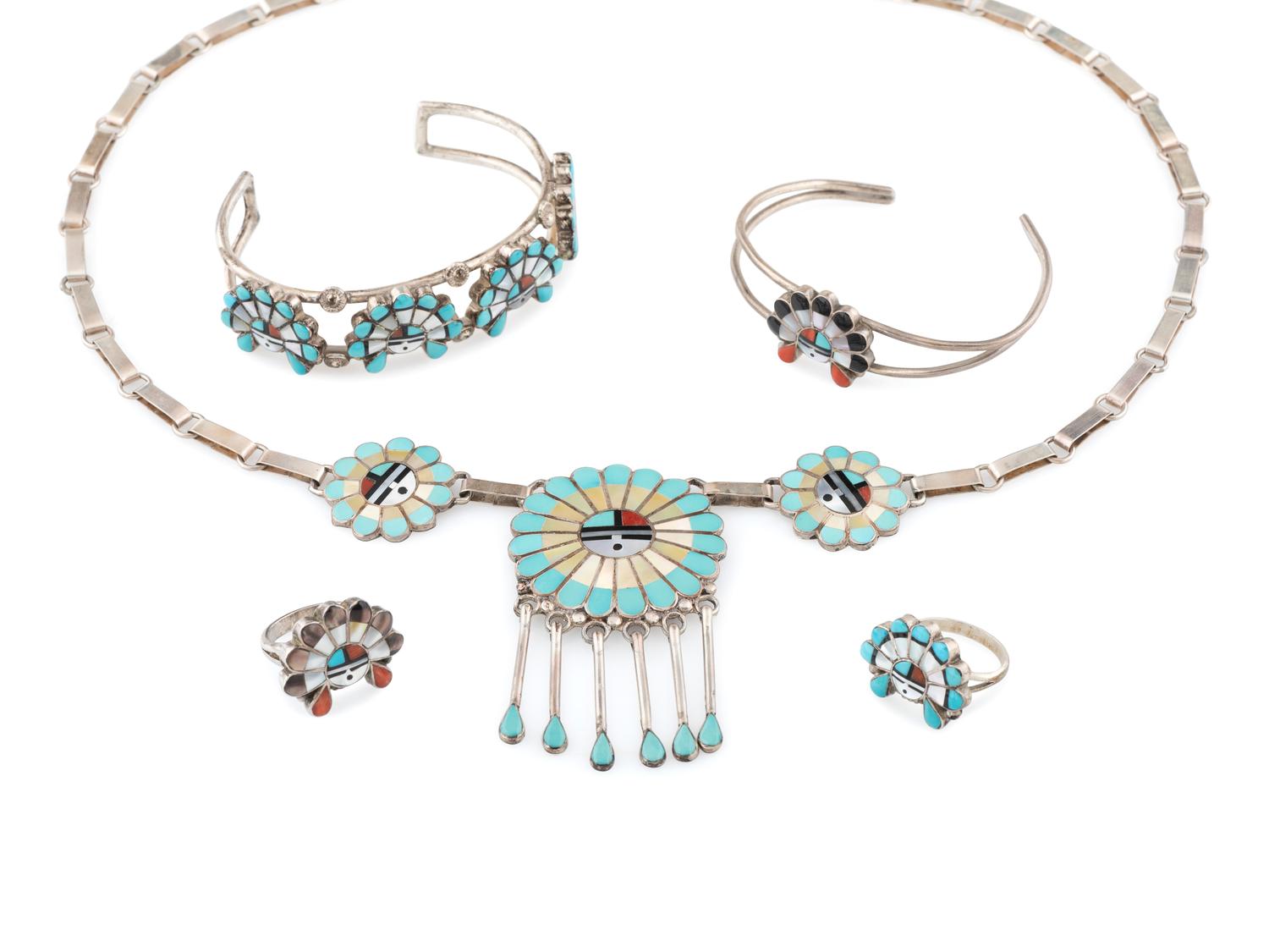Zuni Silver and Mosaic Inlay Sunface Jewelry