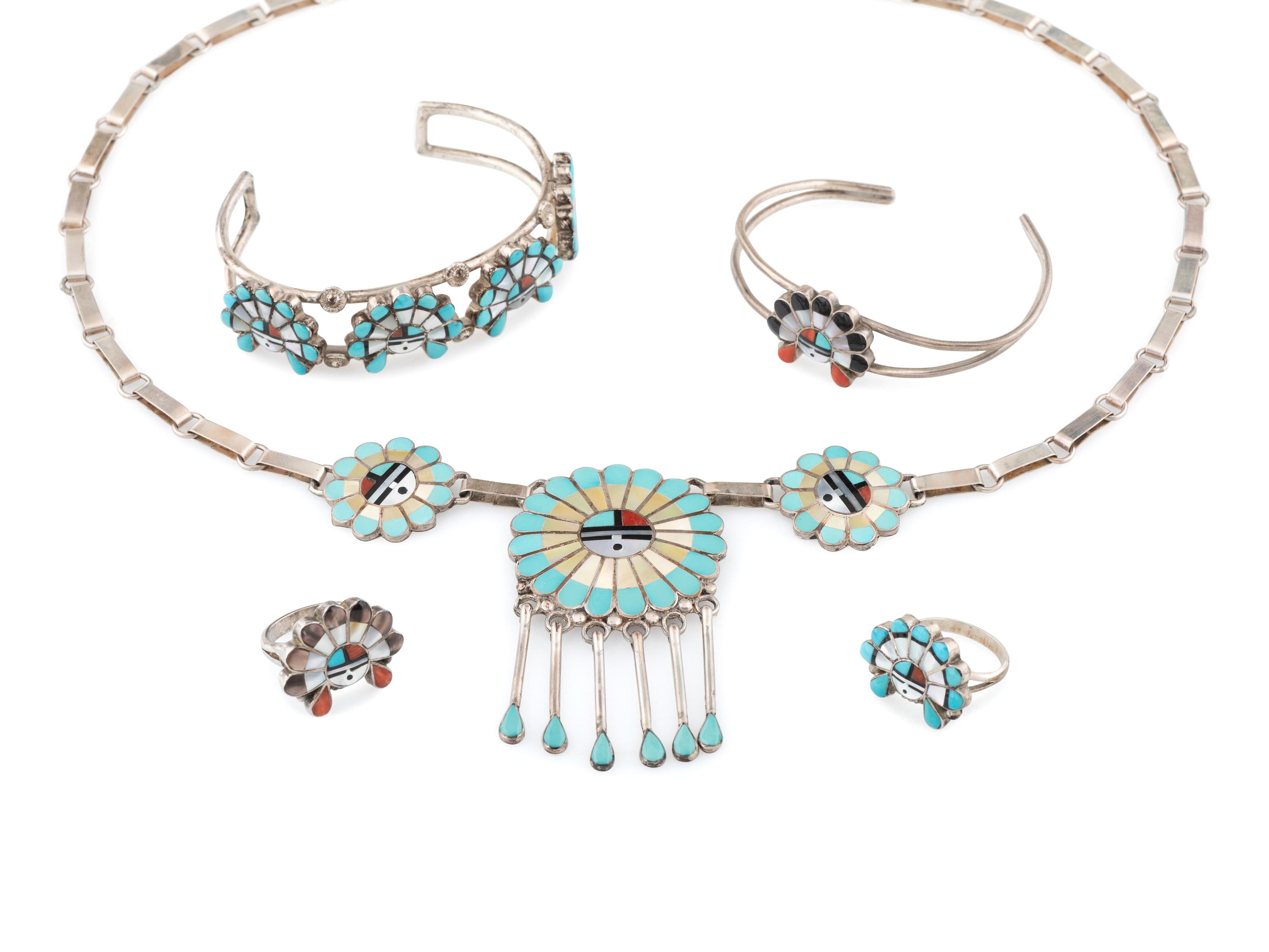 Zuni Silver and Mosaic Inlay Sunface Jewelry