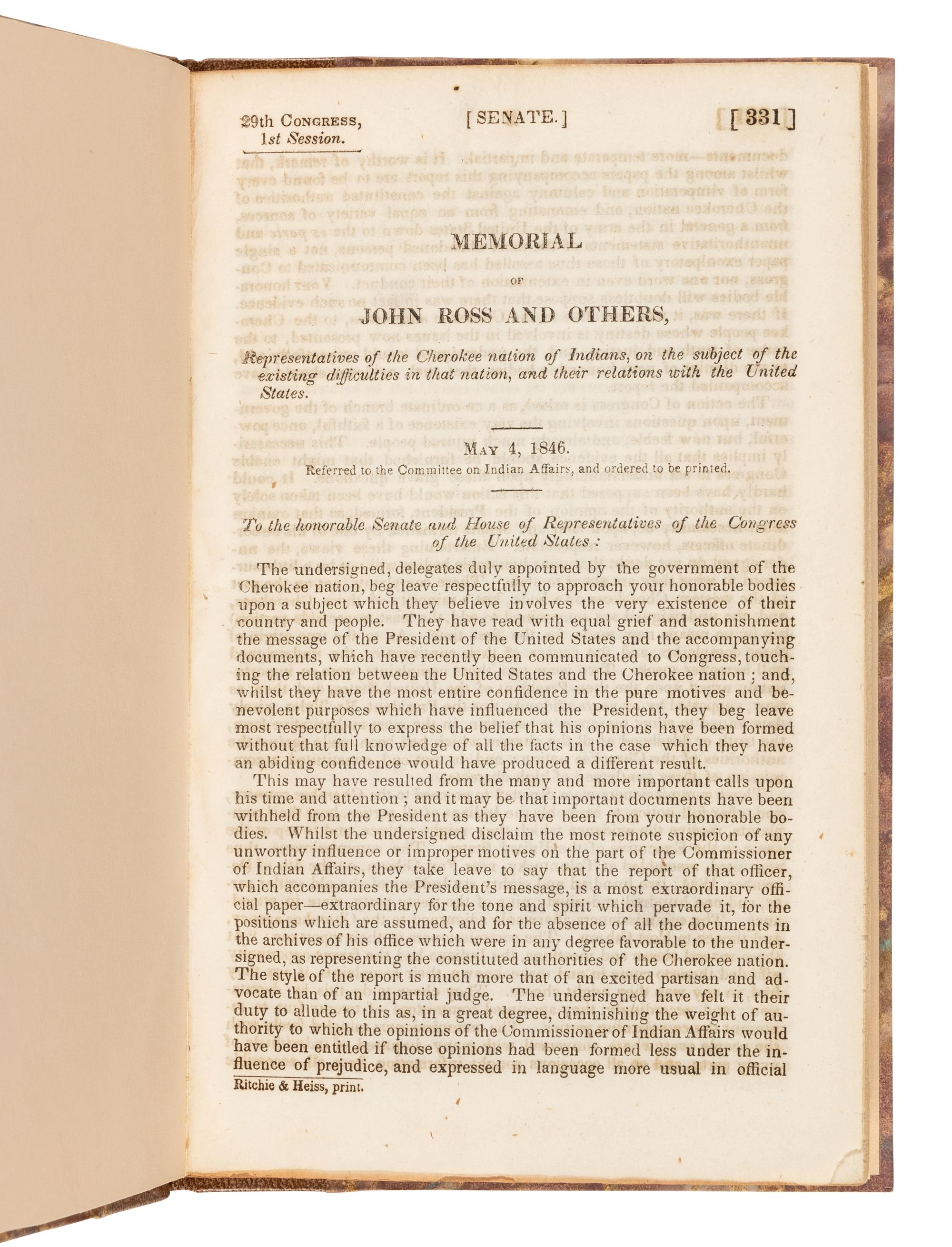[NATIVE AMERICANS -- CHEROKEE] -- [POINSETT, Joel Roberts (1779-1851)]. Removal of the Cherokees... July 4, 1838. [Washington, D.C.]: printed by Thomas Allen, [1838].