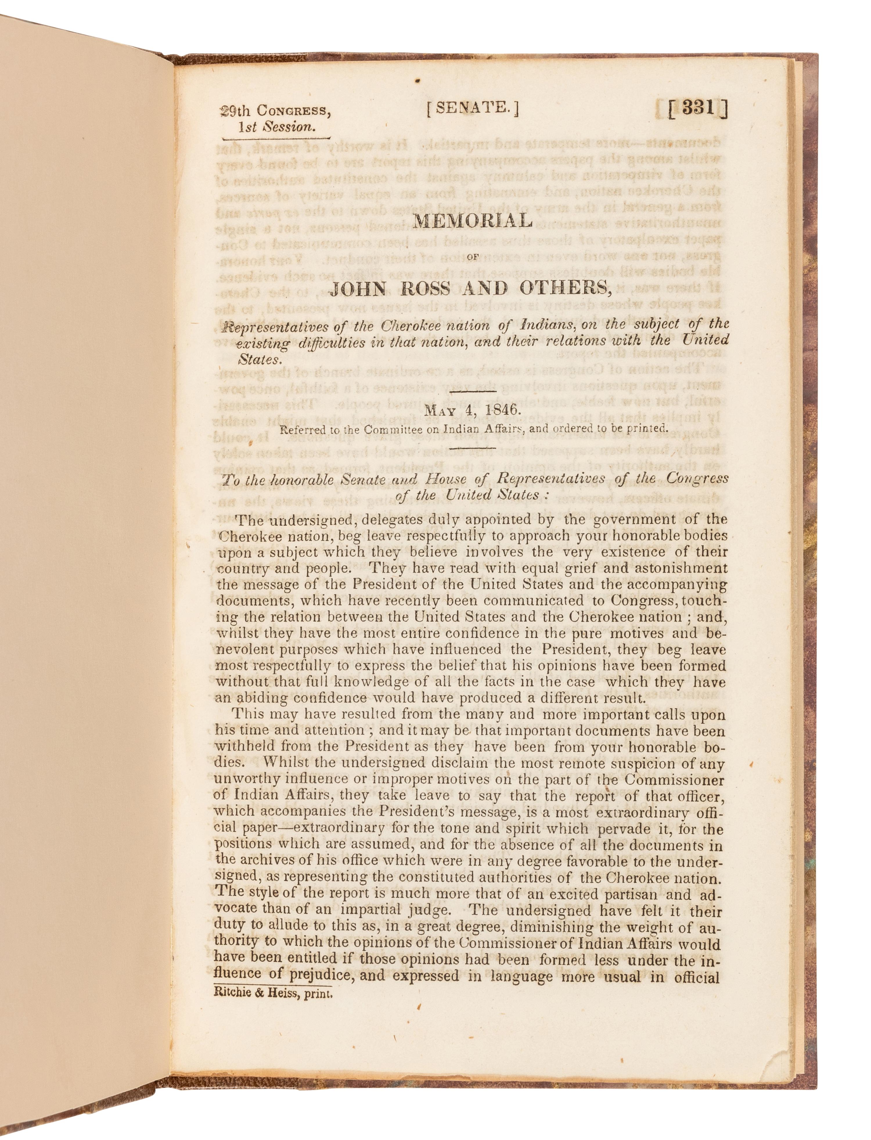[NATIVE AMERICANS -- CHEROKEE] -- [POINSETT, Joel Roberts (1779-1851)]. Removal of the Cherokees... July 4, 1838. [Washington, D.C.]: printed by Thomas Allen, [1838].