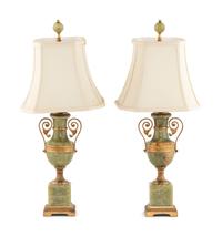 A Pair of Gilt Bronze Mounted Onyx Urn-Form Table Lamps