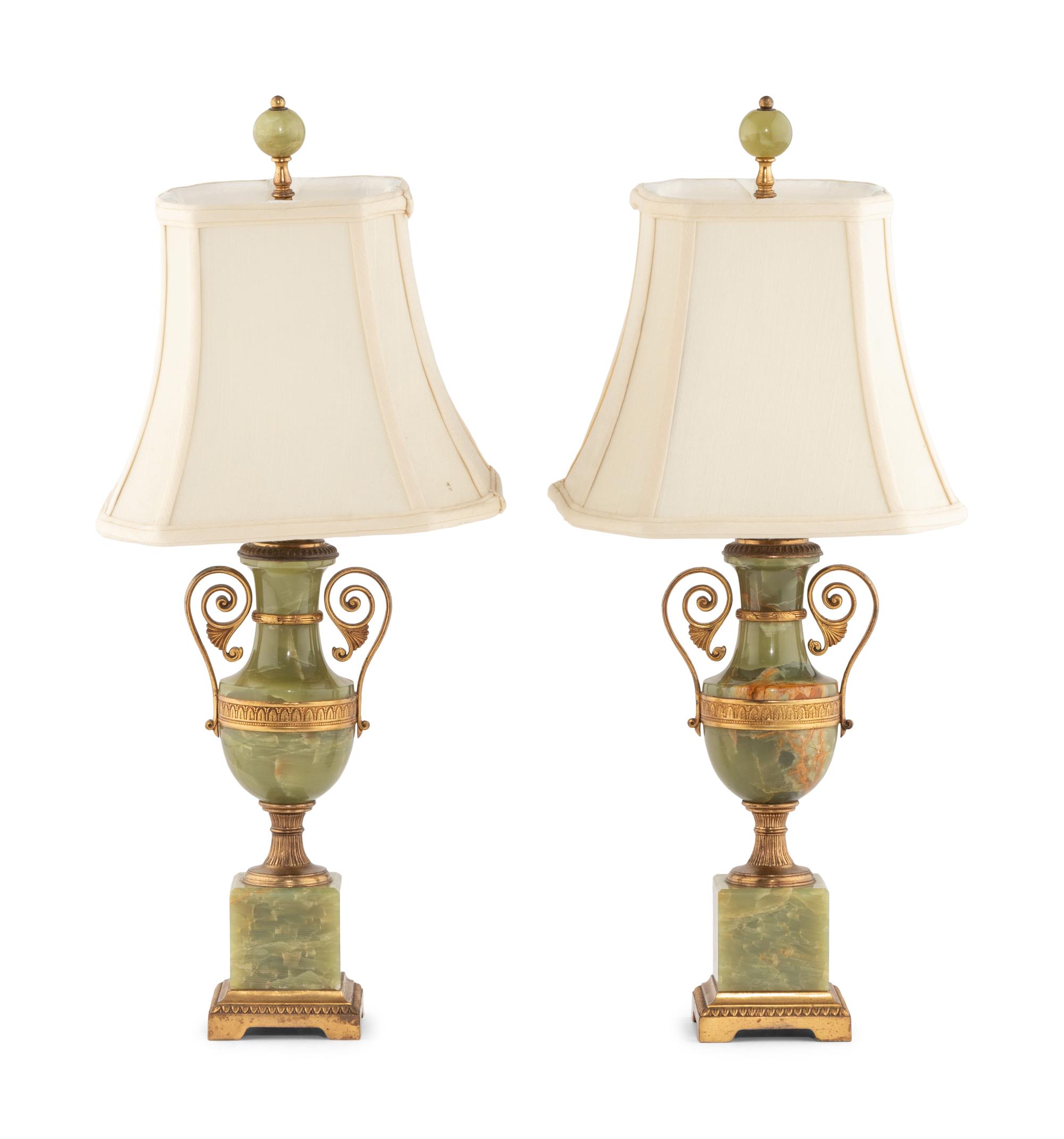 A Pair of Gilt Bronze Mounted Onyx Urn-Form Table Lamps