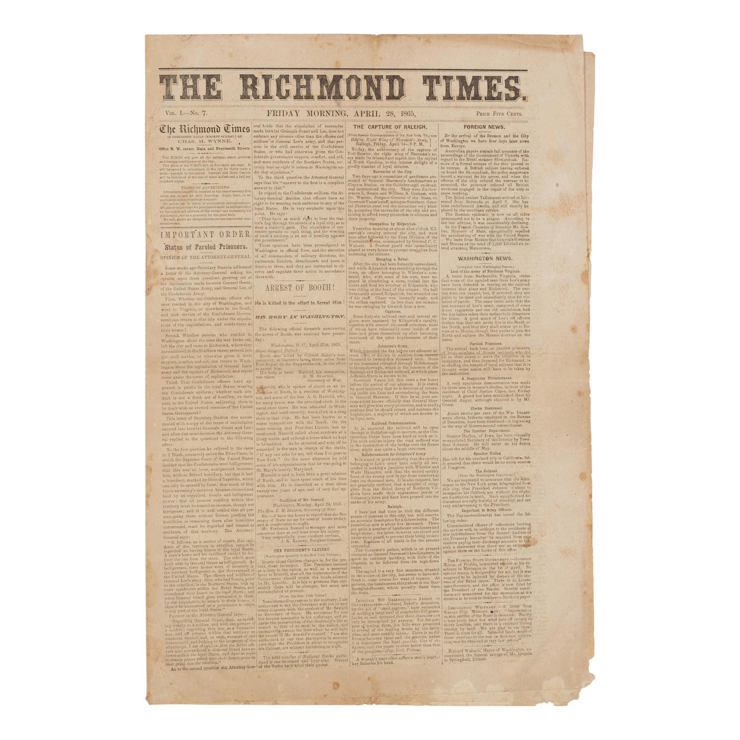 [LINCOLN ASSASSINATION]. A group of 6 newspapers, comprising: