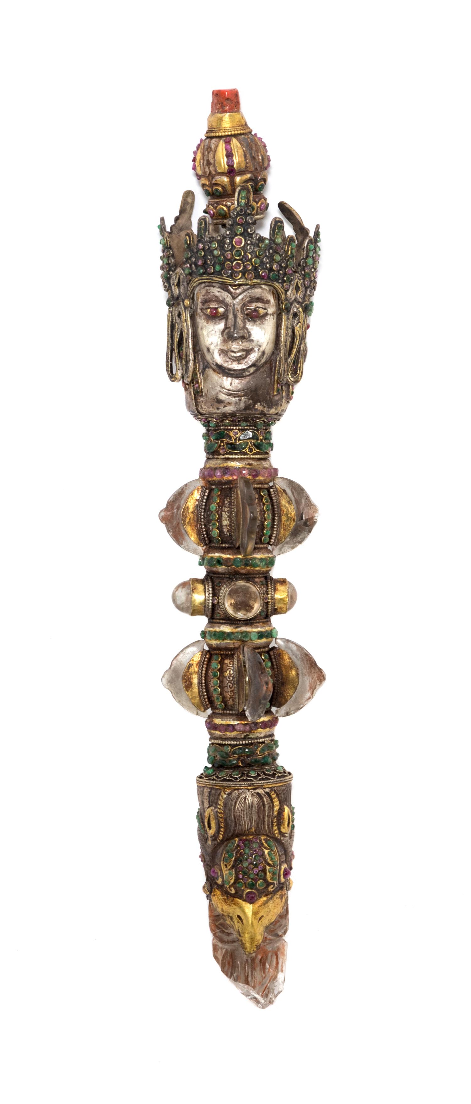 A Tibetan Silvered Metal and Quartz Ritual Phurba, and a Tibetan Bone-Mounted Silvered Metal Horn