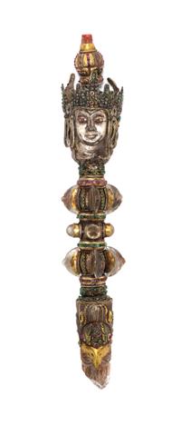 A Tibetan Silvered Metal and Quartz Ritual Phurba, and a Tibetan Bone-Mounted Silvered Metal Horn