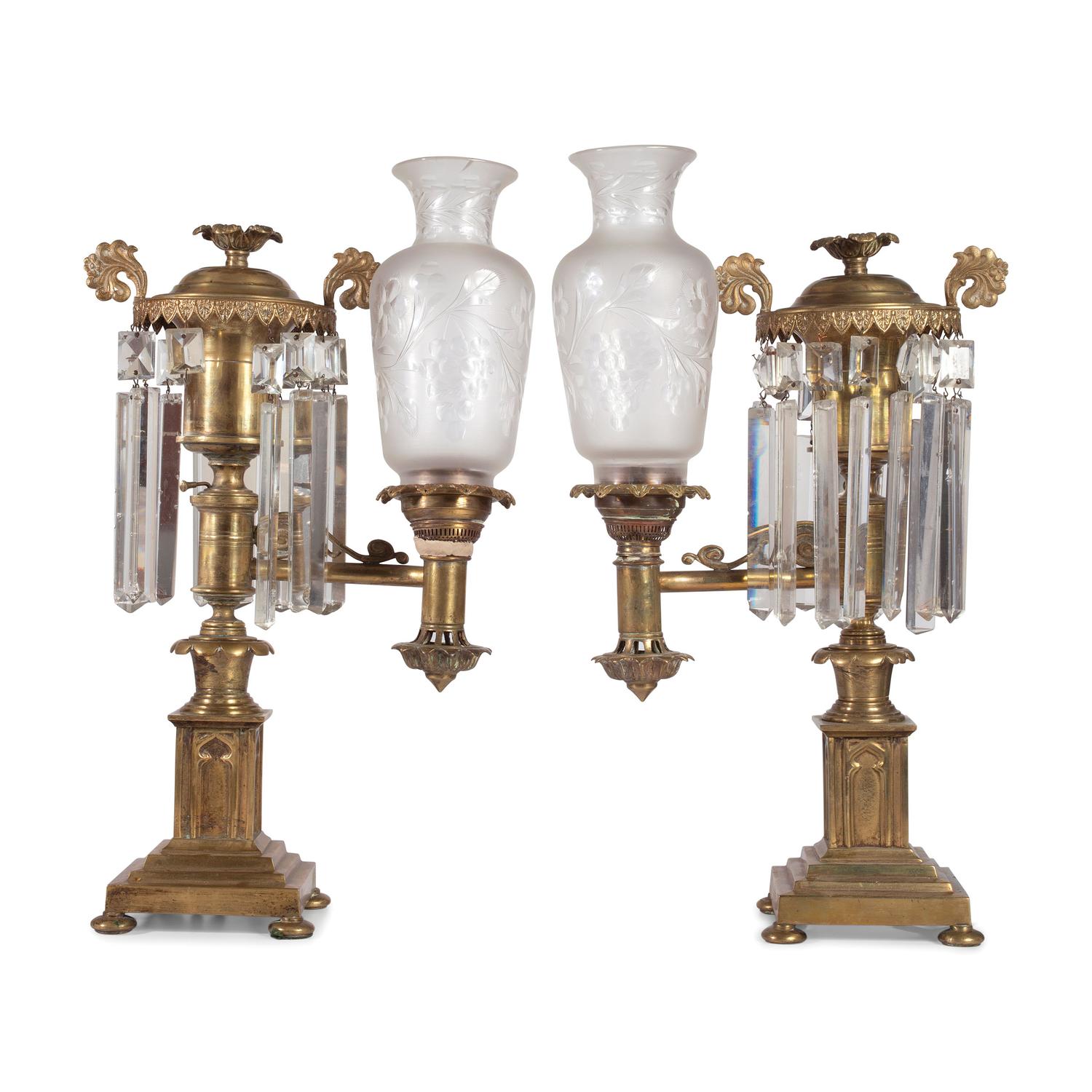 A Pair of Classical Frosted and Etched Glass Mounted Brass Oil Lamps