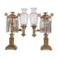 A Pair of Classical Frosted and Etched Glass Mounted Brass Oil Lamps