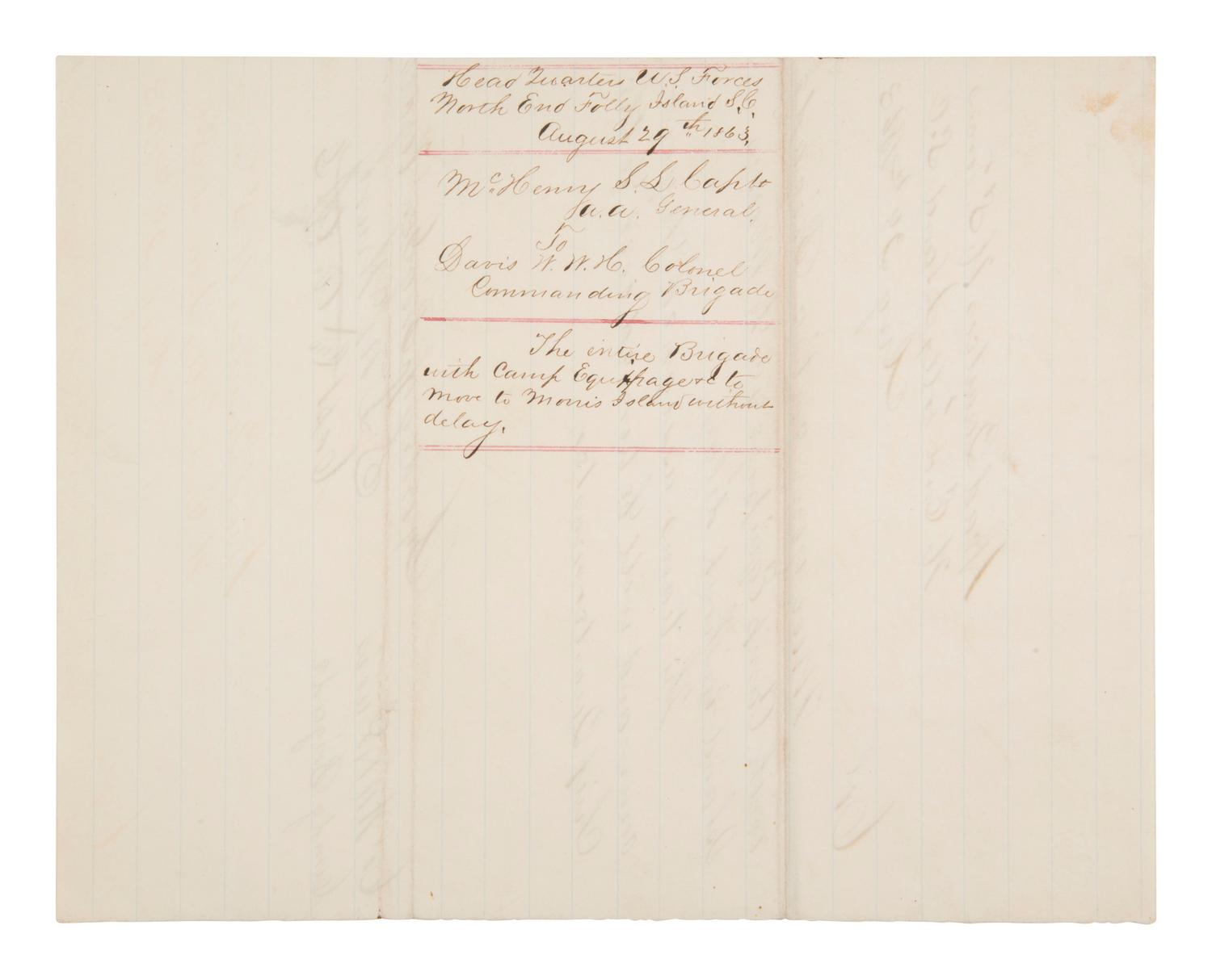 [CIVIL WAR]. Manuscript order issued from Folly Island in aftermath of Fort Wagner. 29 August 1863.