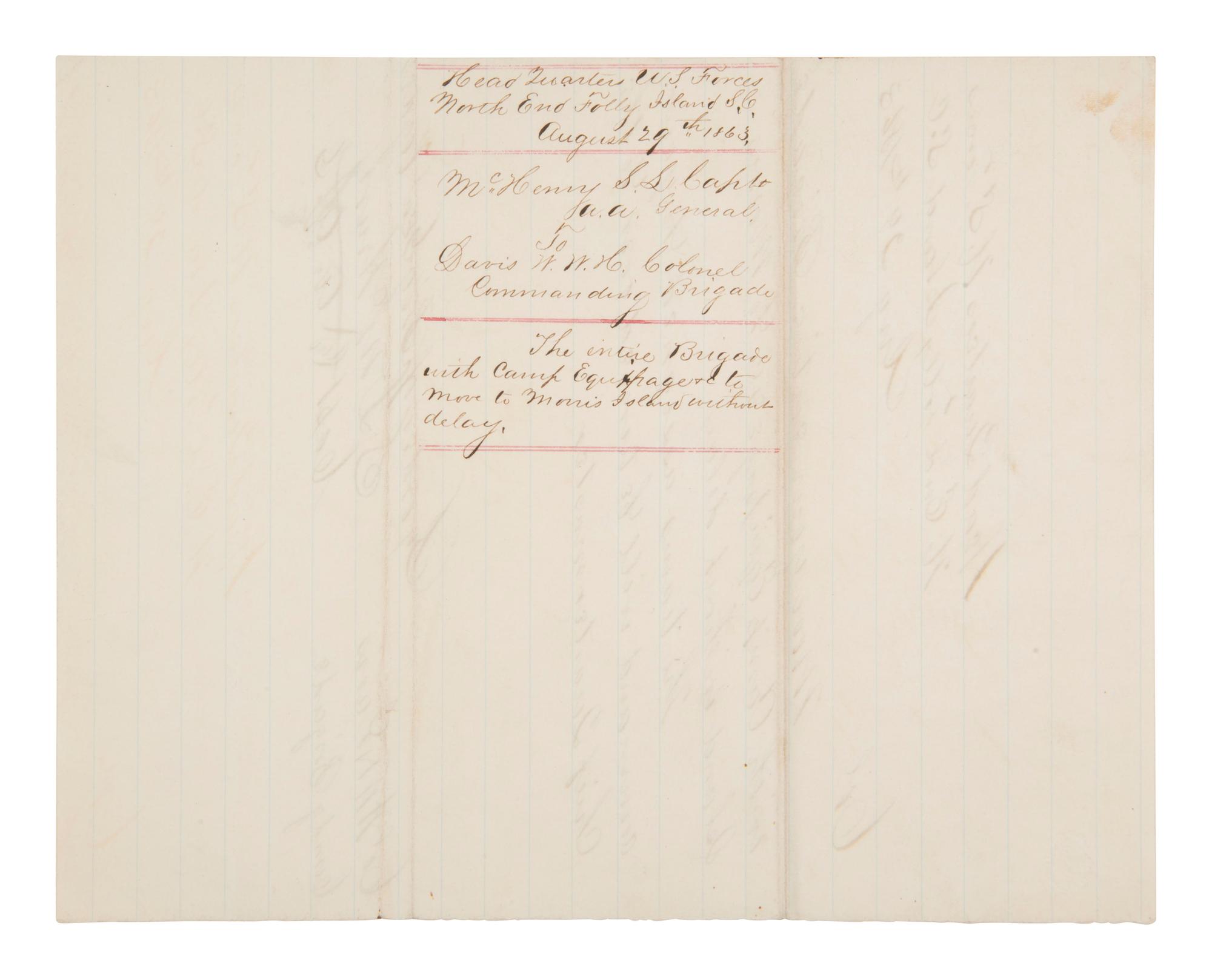 [CIVIL WAR]. Manuscript order issued from Folly Island in aftermath of Fort Wagner. 29 August 1863.