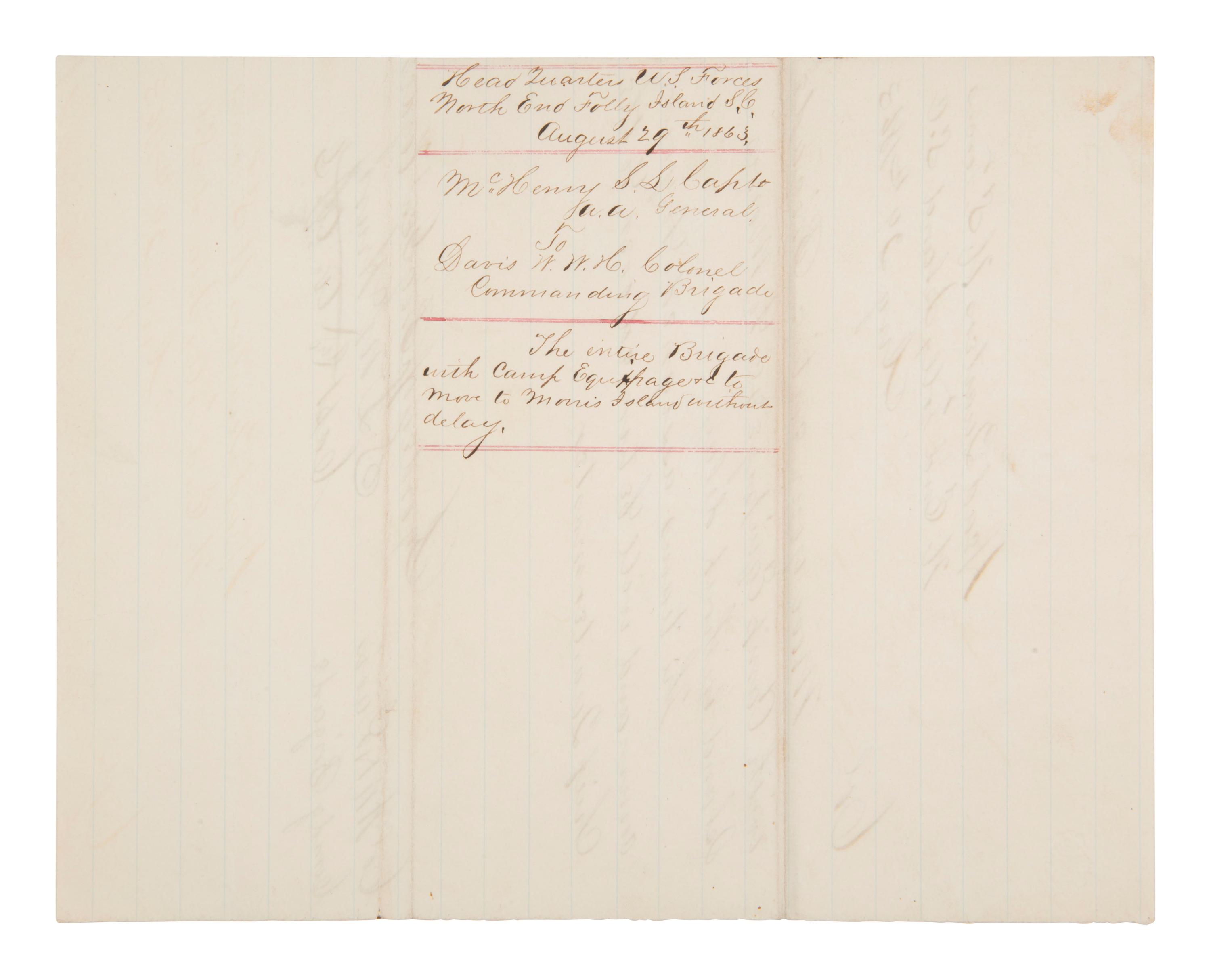 [CIVIL WAR]. Manuscript order issued from Folly Island in aftermath of Fort Wagner. 29 August 1863.