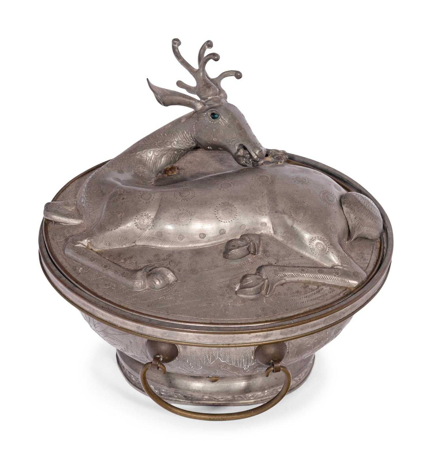 A Chinese Export Pewter 'Deer' Box and Cover