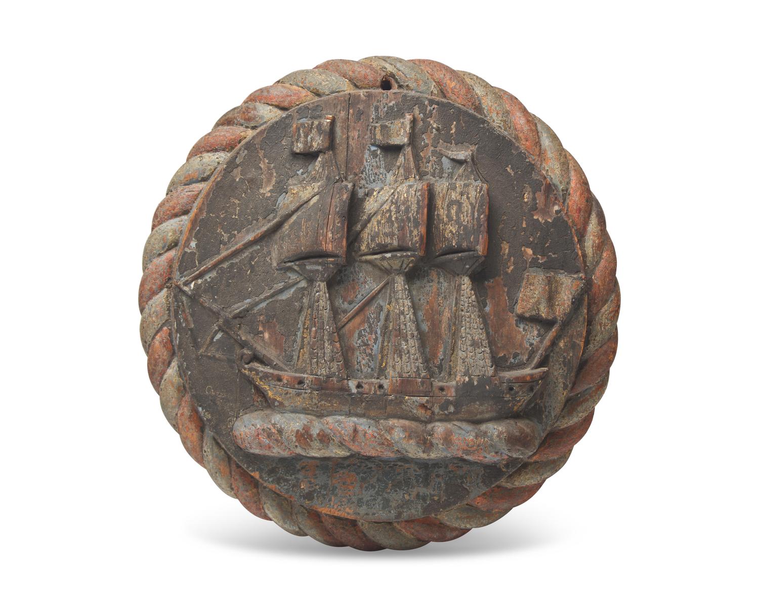 A Round Carved and Painted Wood Plaque of Three Ships