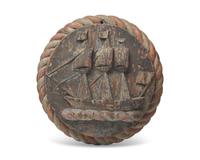 A Round Carved and Painted Wood Plaque of Three Ships