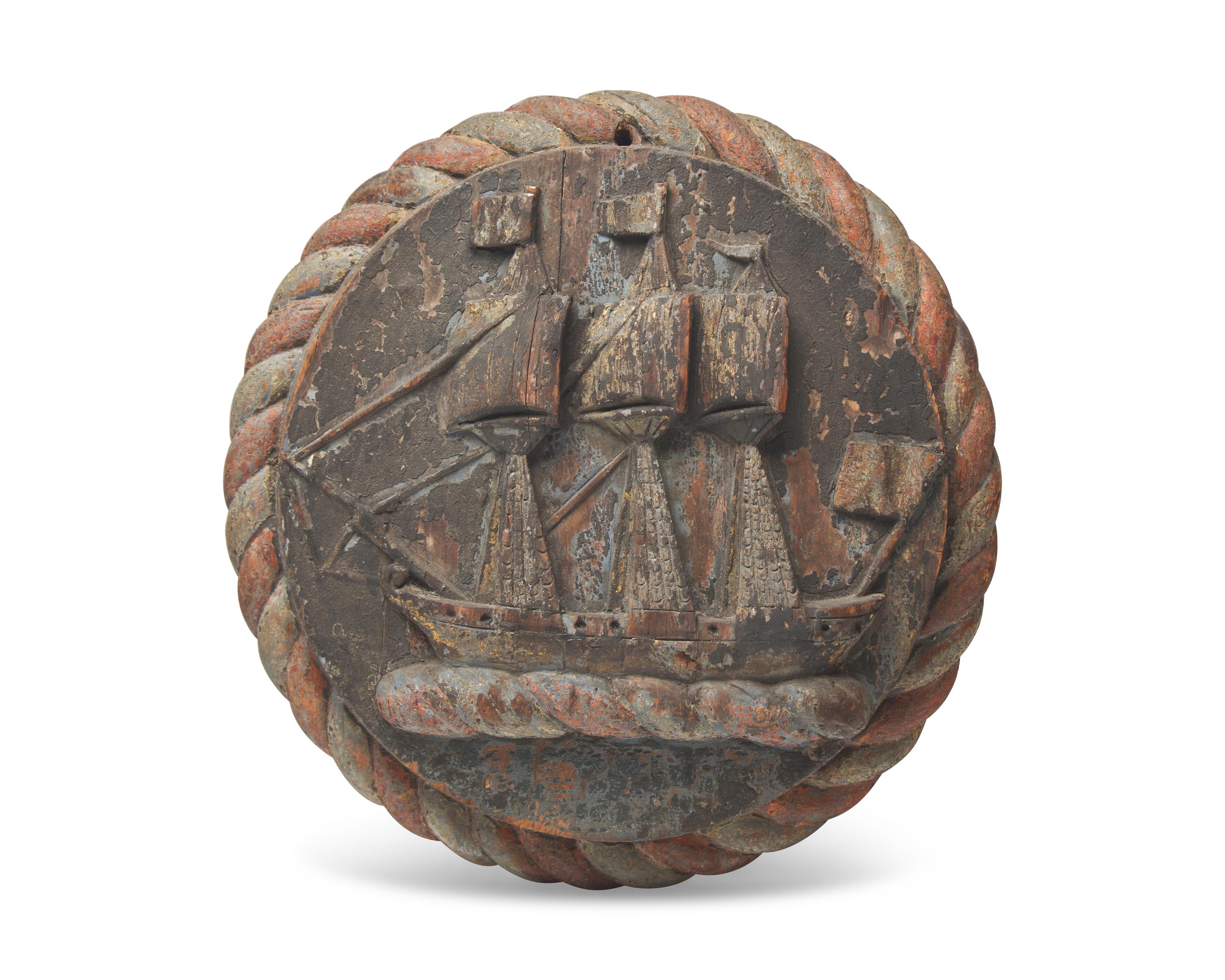 A Round Carved and Painted Wood Plaque of Three Ships