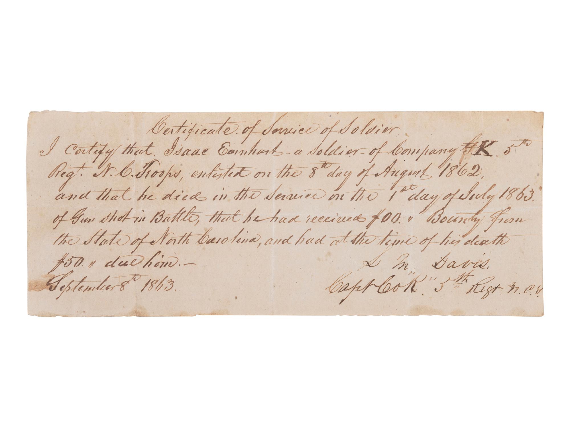 [CIVIL WAR]. "Certificate of Service of a Soldier" for Pvt. Isaac Earnheart, 5th NC, KIA Gettysburg.