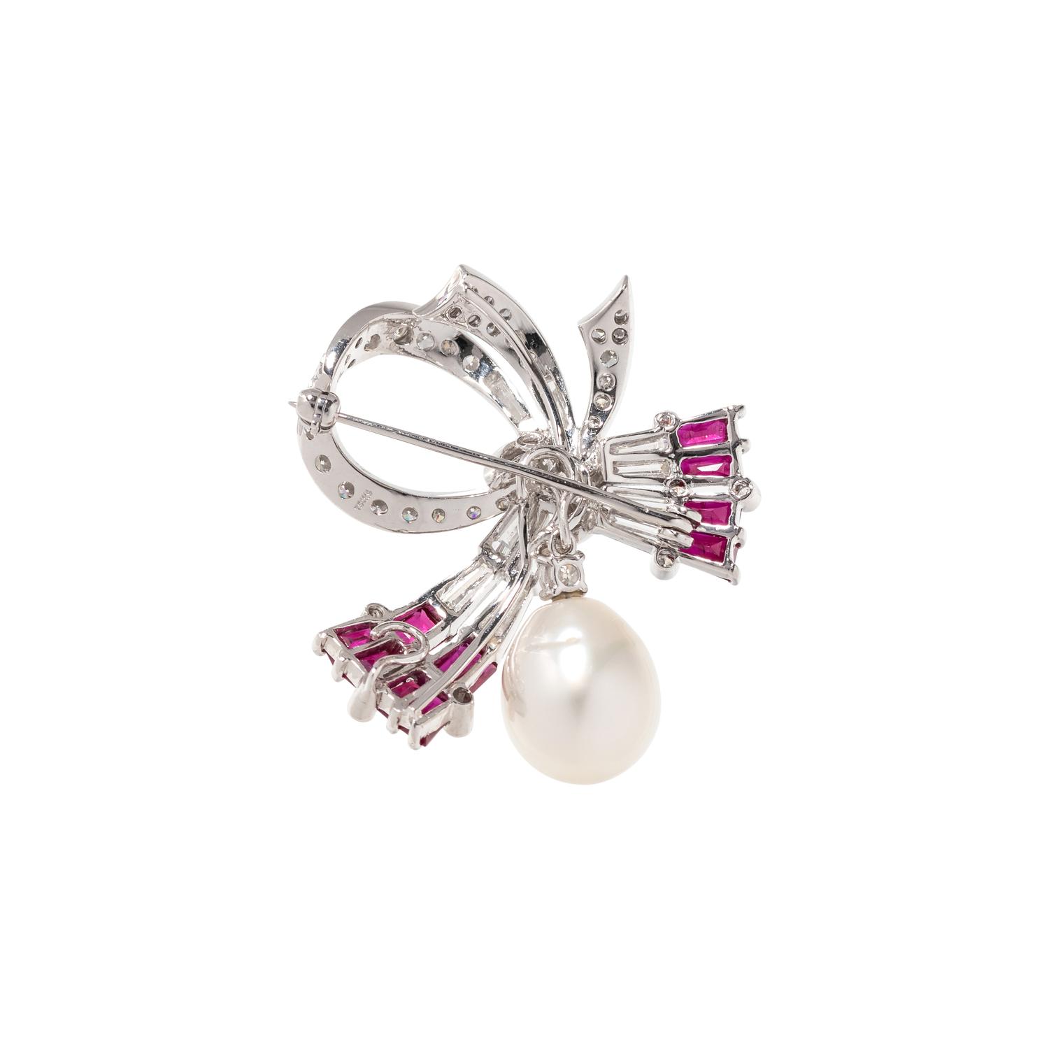 DIAMOND, SYNTHETIC RUBY AND CULTURED PEARL CONVERTIBLE BROOCH