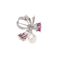 DIAMOND, SYNTHETIC RUBY AND CULTURED PEARL CONVERTIBLE BROOCH