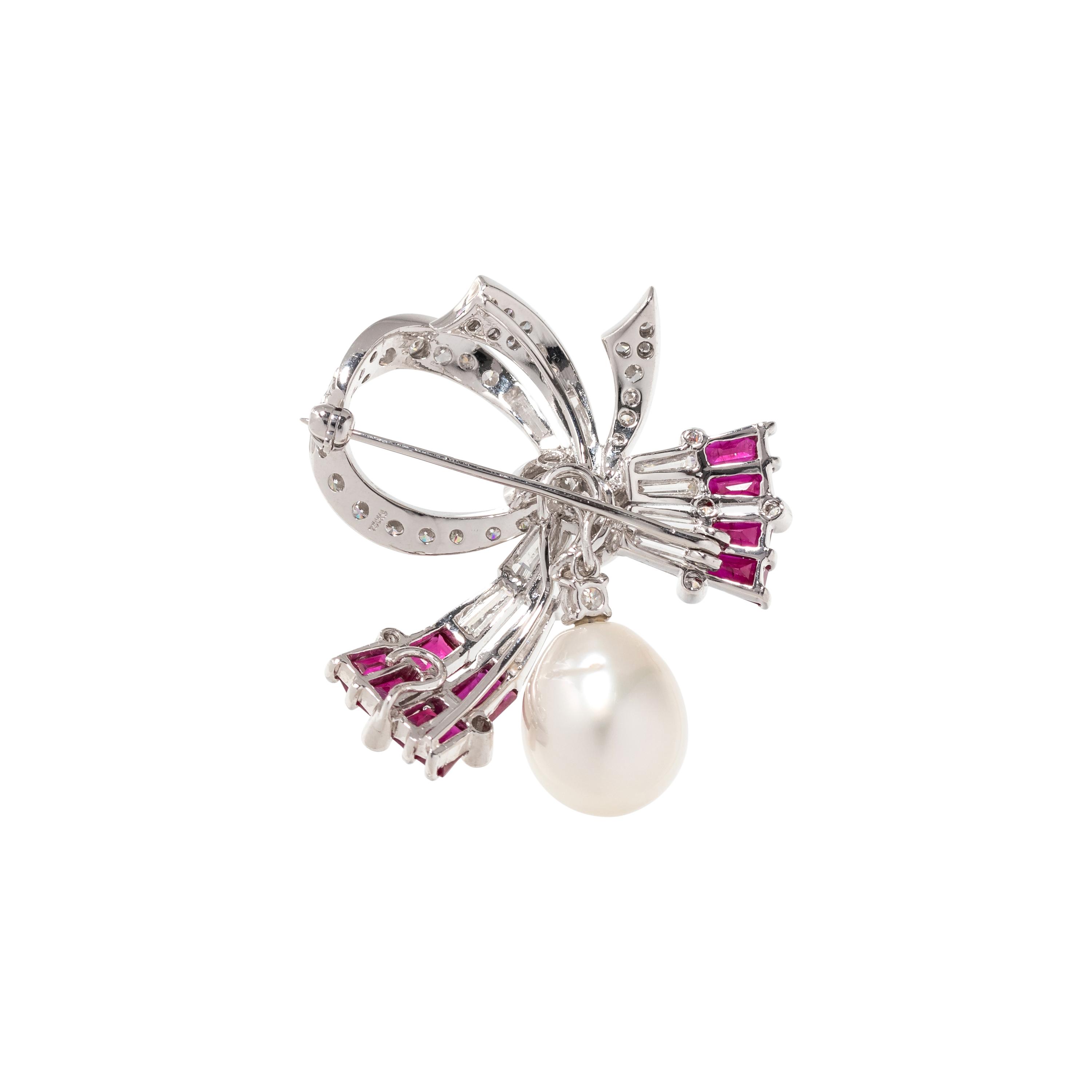 DIAMOND, SYNTHETIC RUBY AND CULTURED PEARL CONVERTIBLE BROOCH
