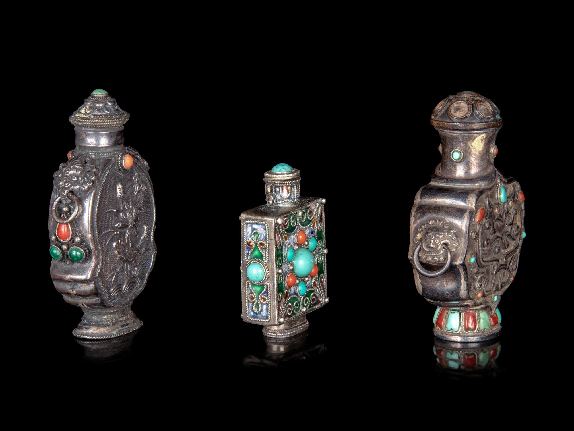 Three Mongolian Style Silver Snuff Bottles