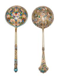 Two Russian Silver-Gilt and Enamel Spoons, Various makers, Moscow, early 20th century, each having polychrome floral and foliate enamel