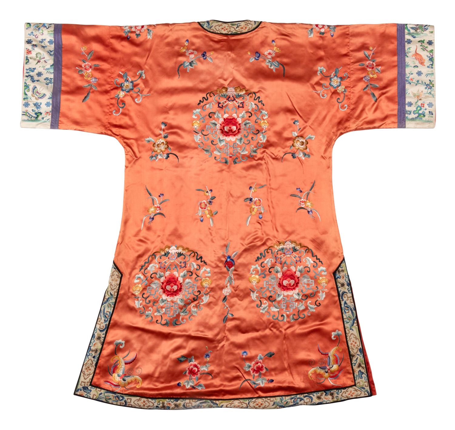 A Chinese Apricot Ground Embroidered Silk Lady's Robe