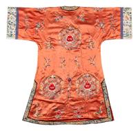 A Chinese Apricot Ground Embroidered Silk Lady's Robe