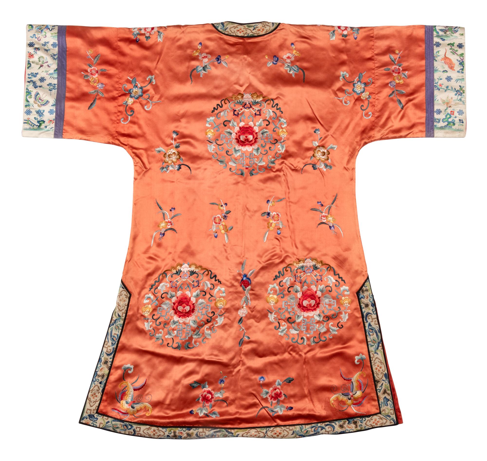 A Chinese Apricot Ground Embroidered Silk Lady's Robe