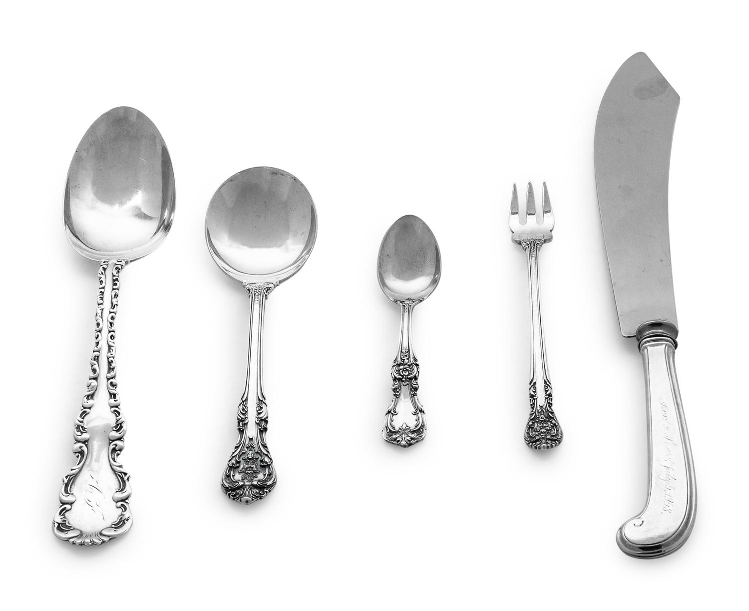 comprising: 12 Gorham King Edward soup spoons 12 Gorham King Edward olive forks 1 Gorham King Edward ice cream spoon 9 Lunt Memory Lane demitasse spoons 1 Reed & Barton Burgundy demitasse spoon 2 Whiting Louis XV serving spoons 1 Webster cake knife with stainless steel blade 38 items total.