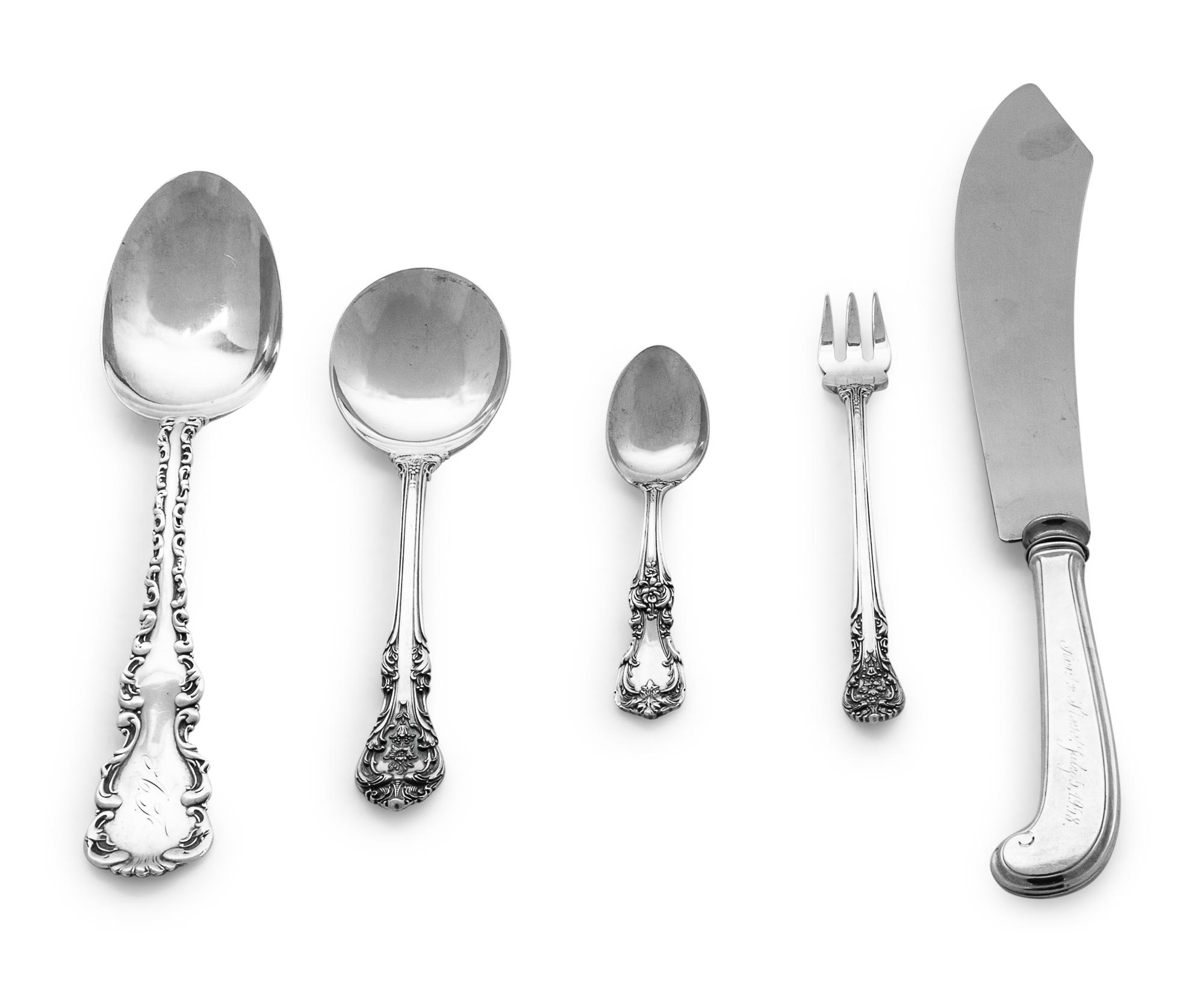 comprising: 12 Gorham King Edward soup spoons 12 Gorham King Edward olive forks 1 Gorham King Edward ice cream spoon 9 Lunt Memory Lane demitasse spoons 1 Reed & Barton Burgundy demitasse spoon 2 Whiting Louis XV serving spoons 1 Webster cake knife with stainless steel blade 38 items total.