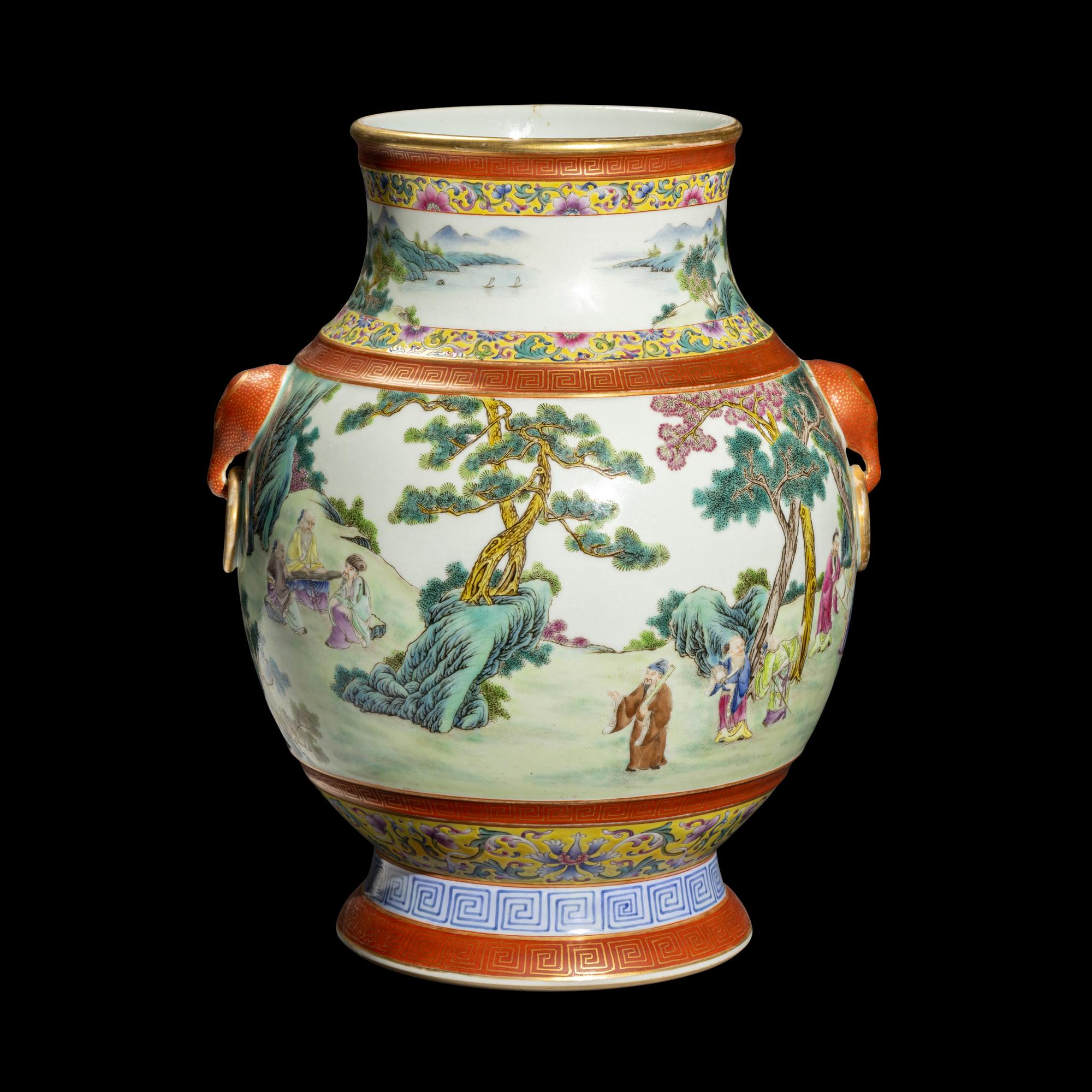 A Chinese Famille Rose Porcelain Baluster Hu Vase 粉彩竹林七賢圖雙耳壺
