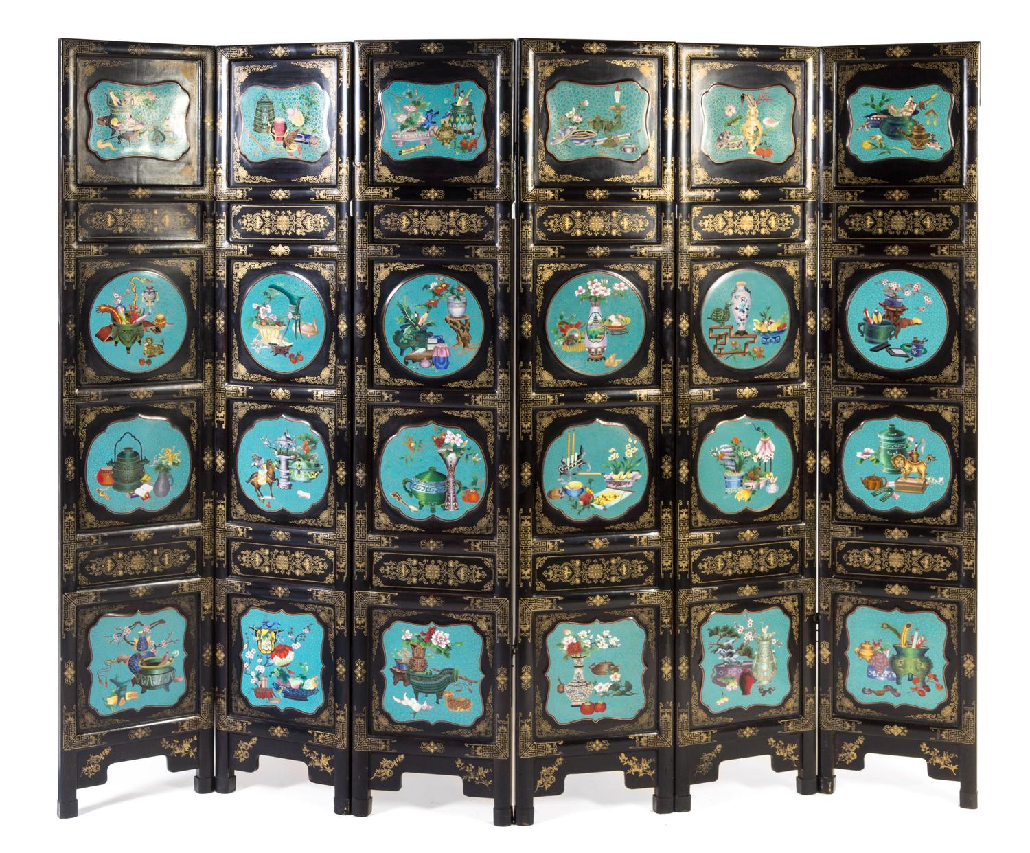 A Cloisonne Enamel Inset Gilt Decorated Black Lacquered Six-Panel Floor Screen Height of each panel 77 x width 16 inches. — 20TH CENTURY