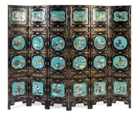 A Cloisonne Enamel Inset Gilt Decorated Black Lacquered Six-Panel Floor Screen Height of each panel 77 x width 16 inches. — 20TH CENTURY