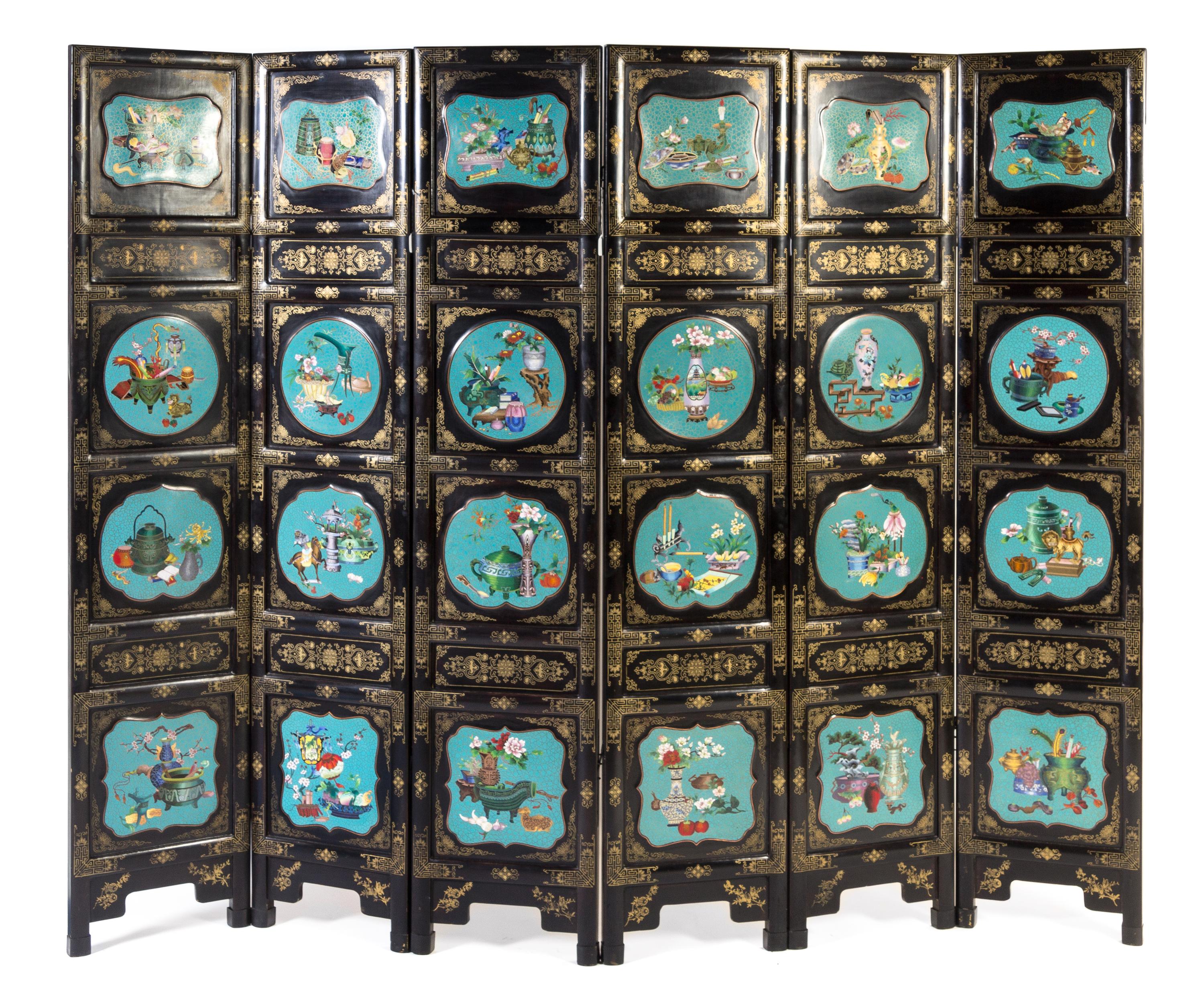 A Cloisonne Enamel Inset Gilt Decorated Black Lacquered Six-Panel Floor Screen Height of each panel 77 x width 16 inches. — 20TH CENTURY
