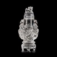 A Chinese Rock Crystal Vase, Cover, and Stand, 19th Century 清晚期 水晶雕螭龍雙耳瓶