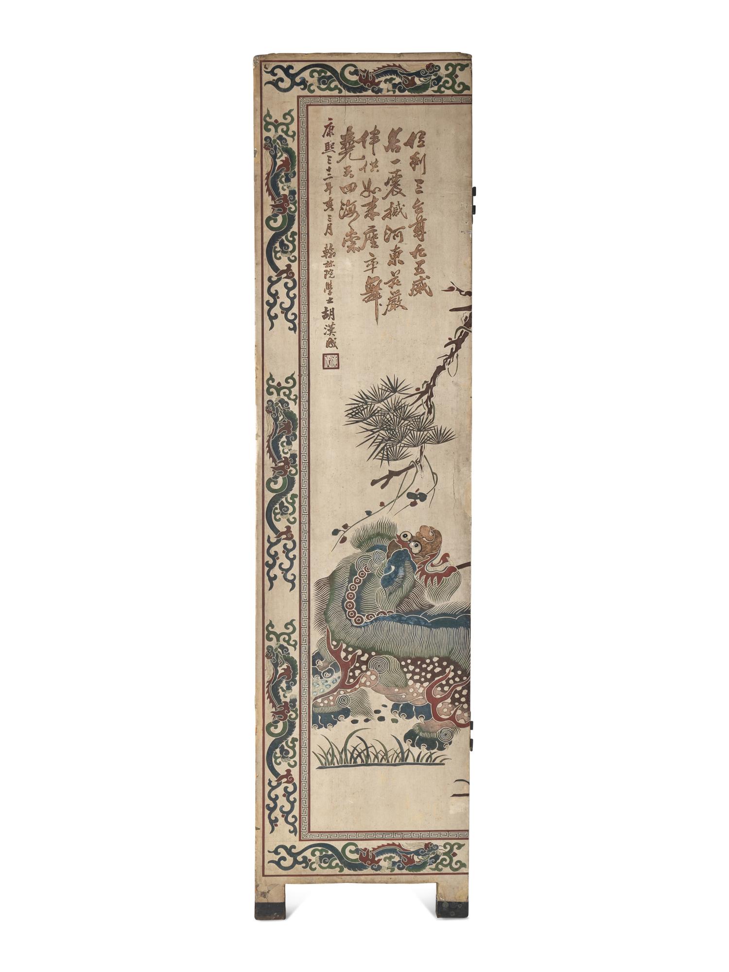 A Large Polychrome Lacquered Six-Panel Floor Screen