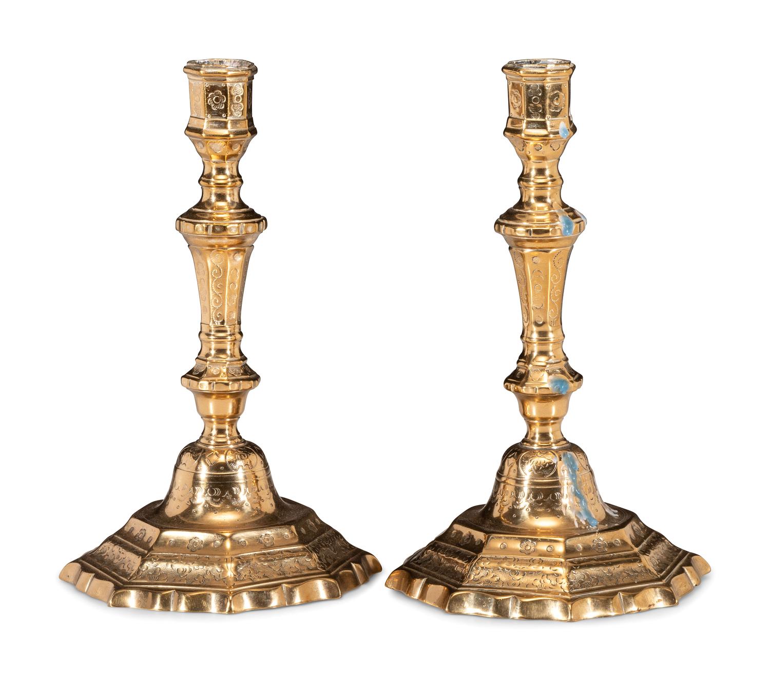 A Pair of French Engraved Brass Candlesticks