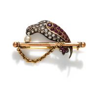 SILVER-TOPPED GOLD, DIAMOND, AND RUBY PARROT BROOCH