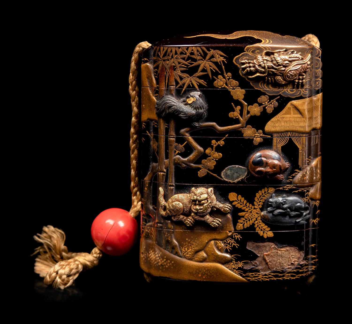 A Mixed-Metal Inlaid Gold and Black Lacquer Four-Case Inro