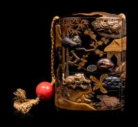 A Mixed-Metal Inlaid Gold and Black Lacquer Four-Case Inro
