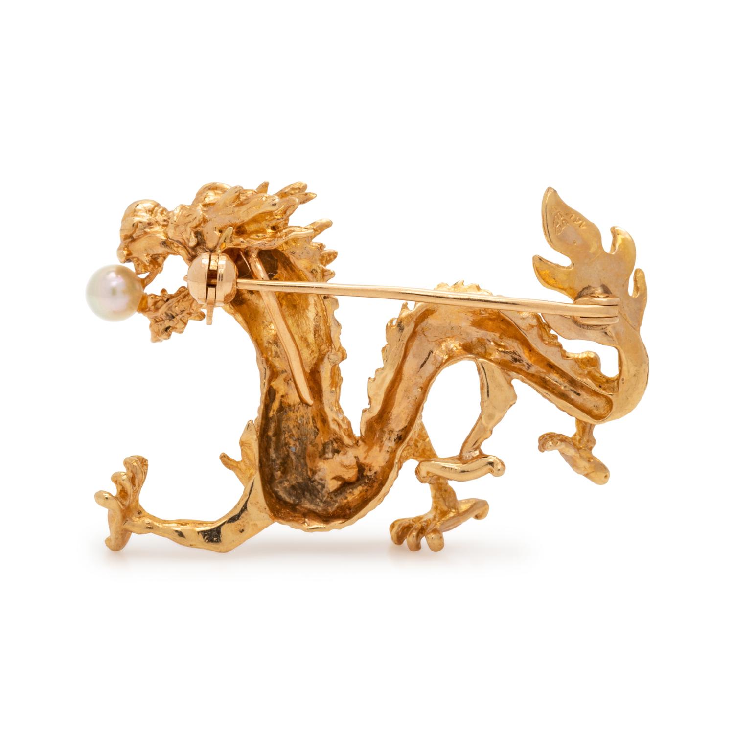 YELLOW GOLD AND CULTURED PEARL DRAGON BROOCH