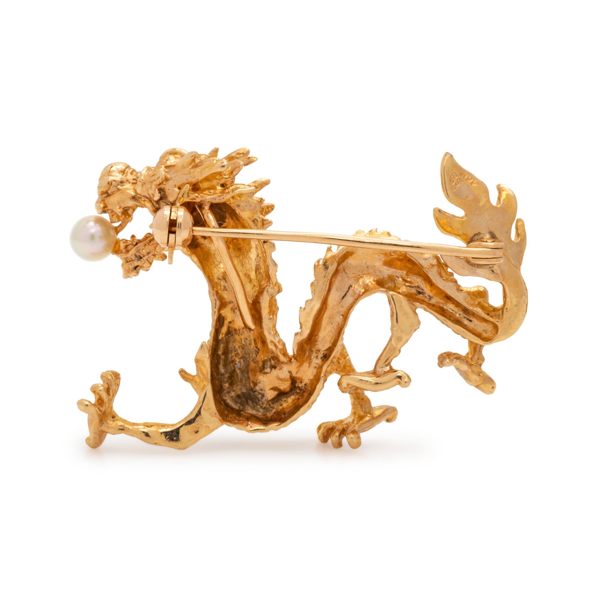 YELLOW GOLD AND CULTURED PEARL DRAGON BROOCH