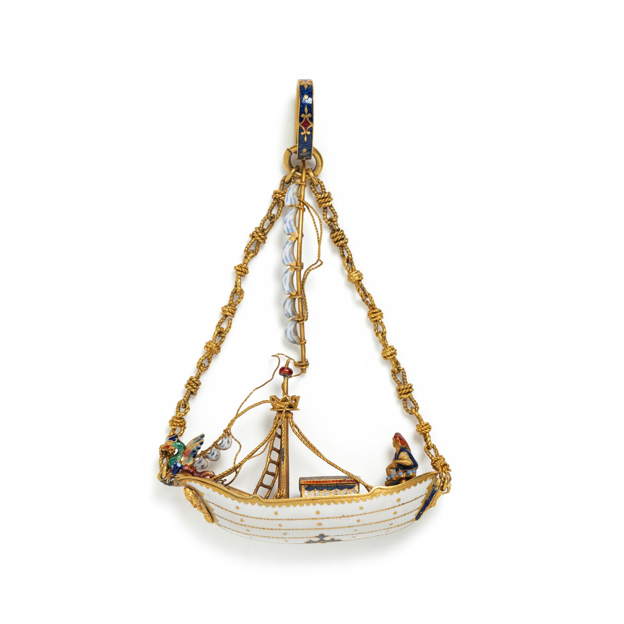 RENAISSANCE, YELLOW GOLD AND POLYCHROME ENAMEL SHIP PENDANT