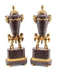 A Pair of Directoire Style Gilt Bronze and Marble Urn Ornaments