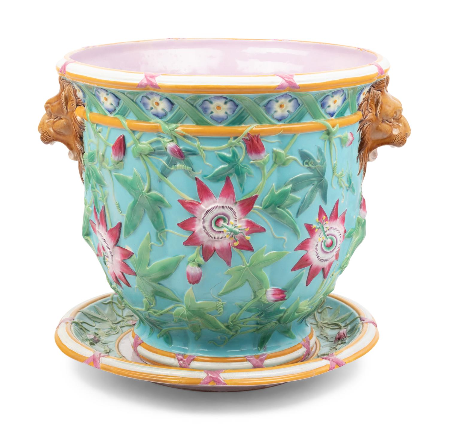 A Large Majolica Jardinière with Underplate
