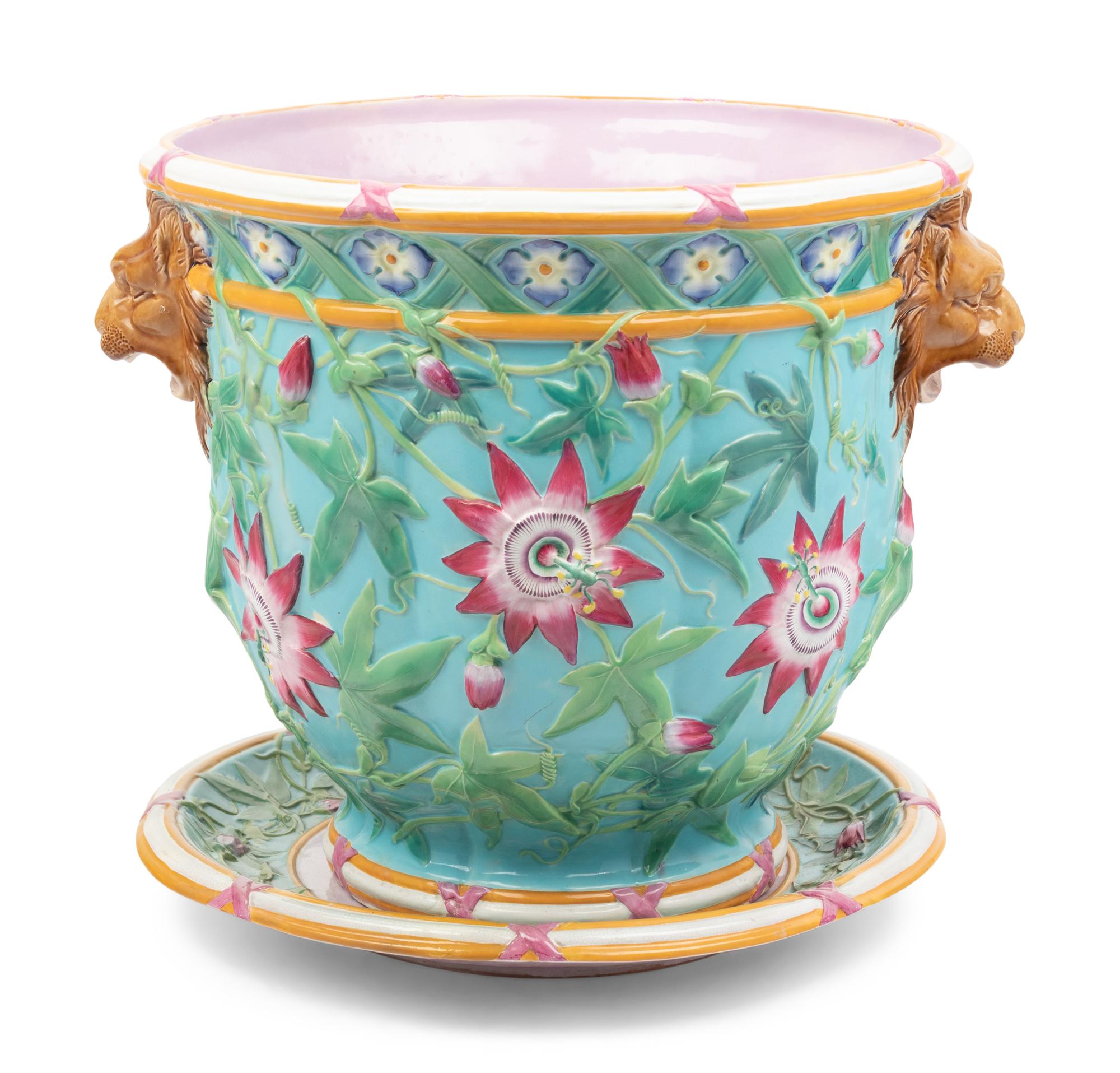 A Large Majolica Jardinière with Underplate