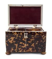 An English Tortoise Shell Tea Caddy, Height 4 1/4 x width 5 x depth 3 inches.