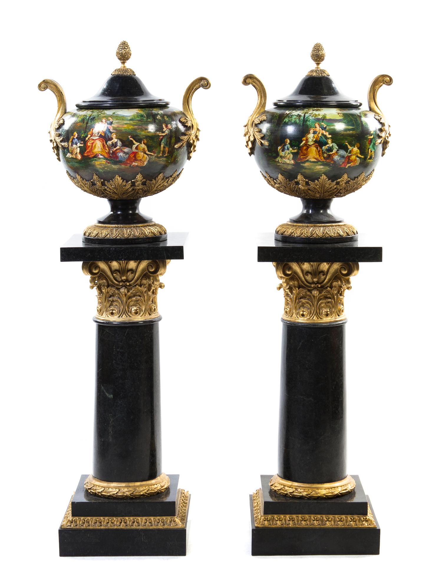 A Pair of Continental Polychrome Decorated Urns, Height of urn 23 inches.
