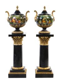 A Pair of Continental Polychrome Decorated Urns, Height of urn 23 inches.